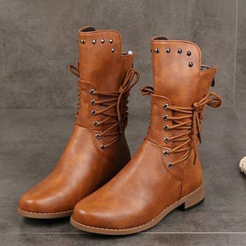 Dames Retro Rivet Cross Strap Back Zipper Mid Calf Boots