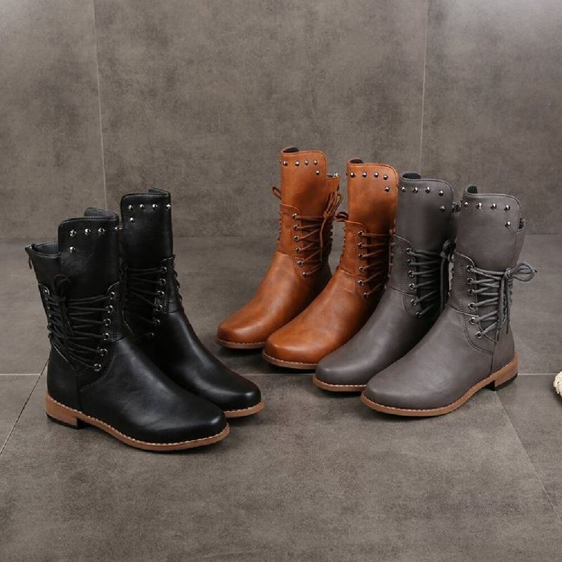 Dames Retro Rivet Cross Strap Back Zipper Mid Calf Boots