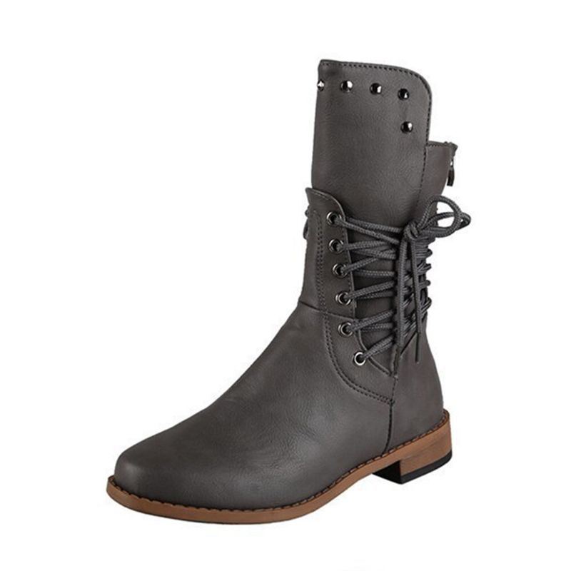 Dames Retro Rivet Cross Strap Back Zipper Mid Calf Boots