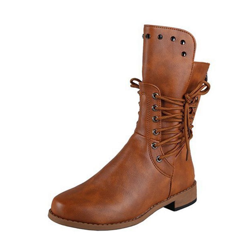 Dames Retro Rivet Cross Strap Back Zipper Mid Calf Boots