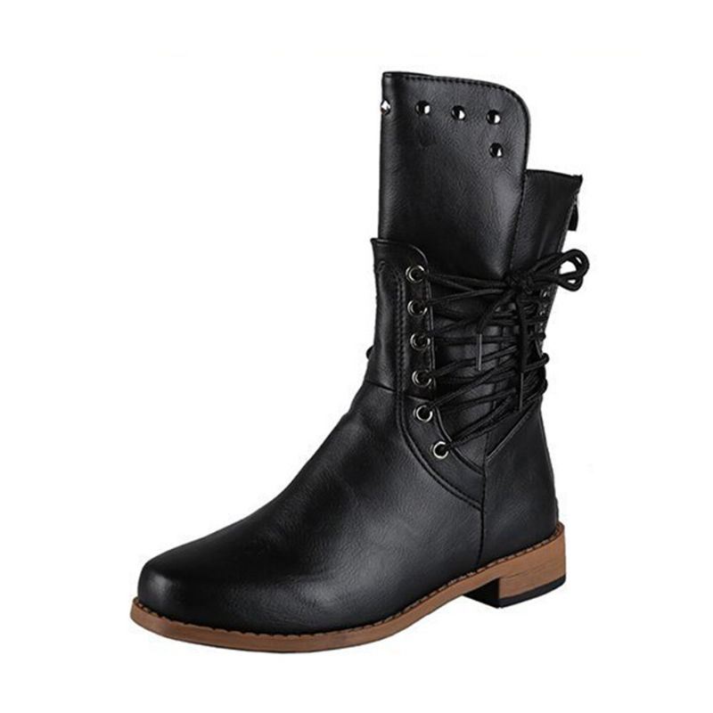 Dames Retro Rivet Cross Strap Back Zipper Mid Calf Boots