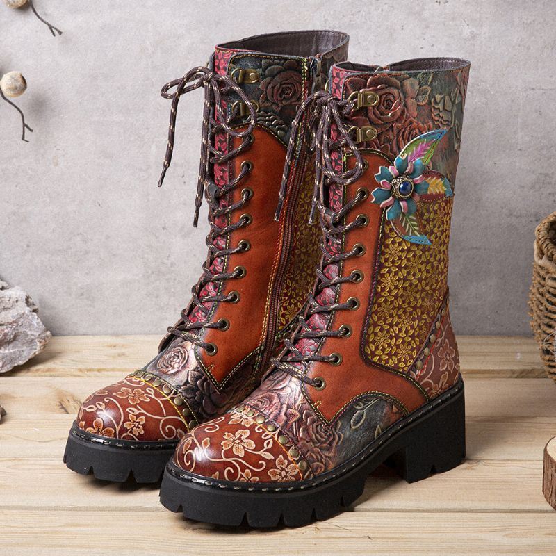 Dames Retro Rub Color Driedimensionale Bloemen Deco Mid-tube Boots