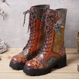 Dames Retro Rub Color Driedimensionale Bloemen Deco Mid-tube Boots