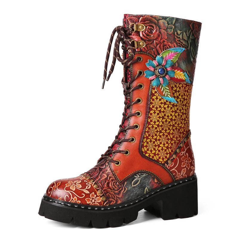 Dames Retro Rub Color Driedimensionale Bloemen Deco Mid-tube Boots