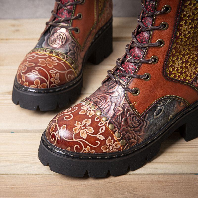 Dames Retro Rub Color Driedimensionale Bloemen Deco Mid-tube Boots