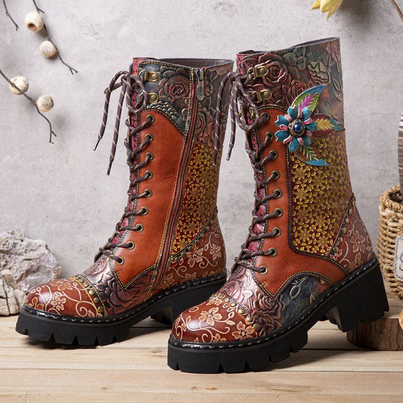 Dames Retro Rub Color Driedimensionale Bloemen Deco Mid-tube Boots