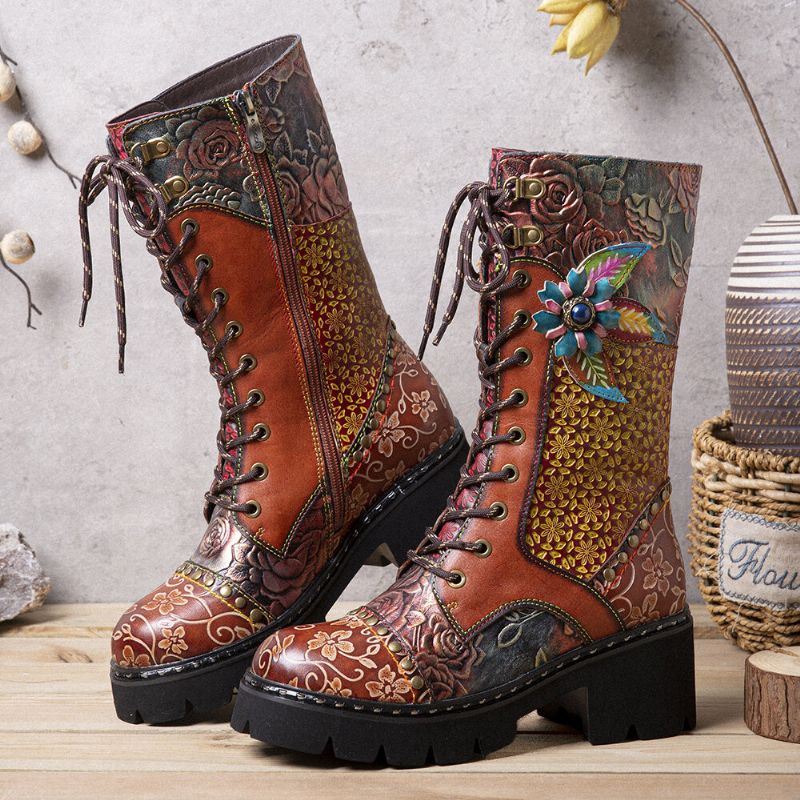 Dames Retro Rub Color Driedimensionale Bloemen Deco Mid-tube Boots