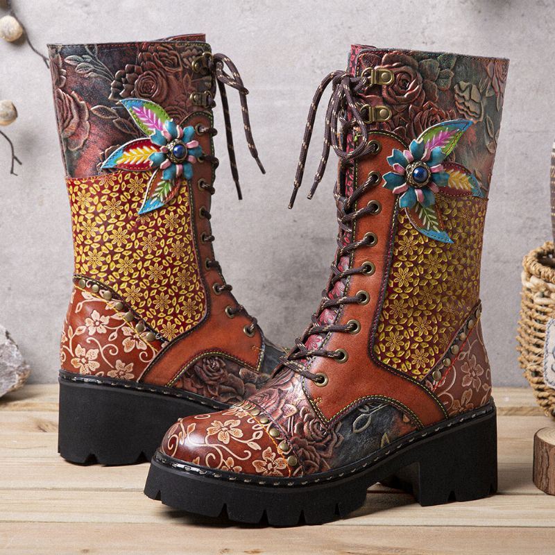 Dames Retro Rub Color Driedimensionale Bloemen Deco Mid-tube Boots