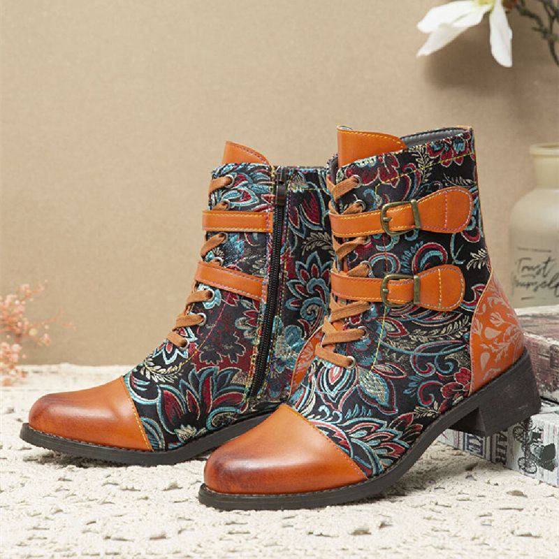 Dames Retro Stiksels Prachtige Bloemen Doek Metalen Gesp Warm Lace Up Korte Laarzen