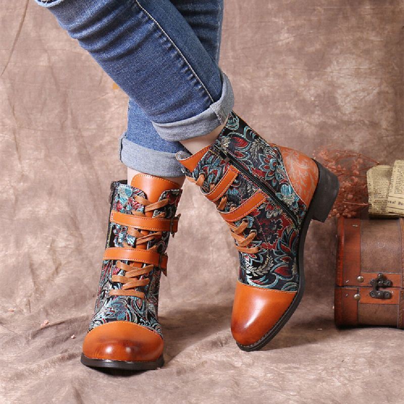 Dames Retro Stiksels Prachtige Bloemen Doek Metalen Gesp Warm Lace Up Korte Laarzen