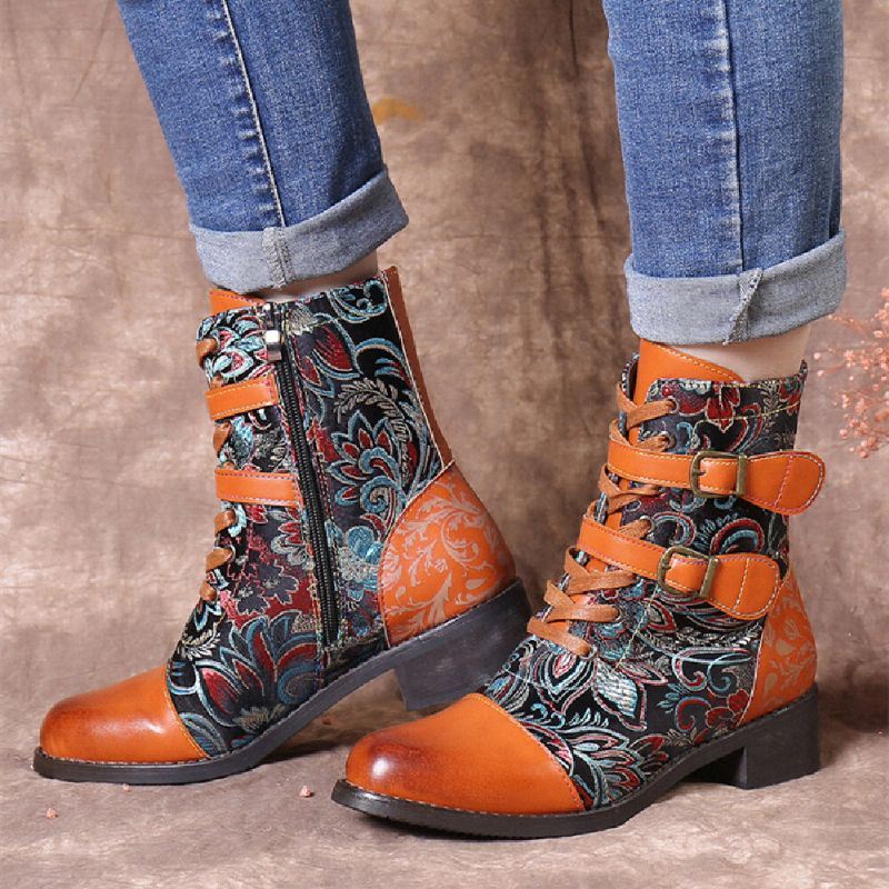 Dames Retro Stiksels Prachtige Bloemen Doek Metalen Gesp Warm Lace Up Korte Laarzen