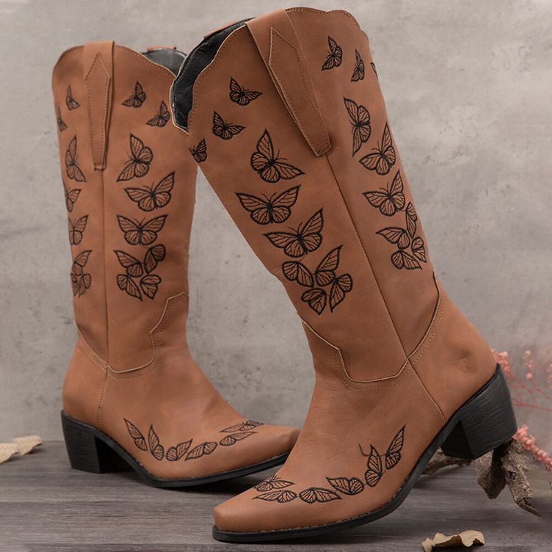 Dames Retro Vlinder Geborduurde Cowboylaarzen Met Halfhoge Taille