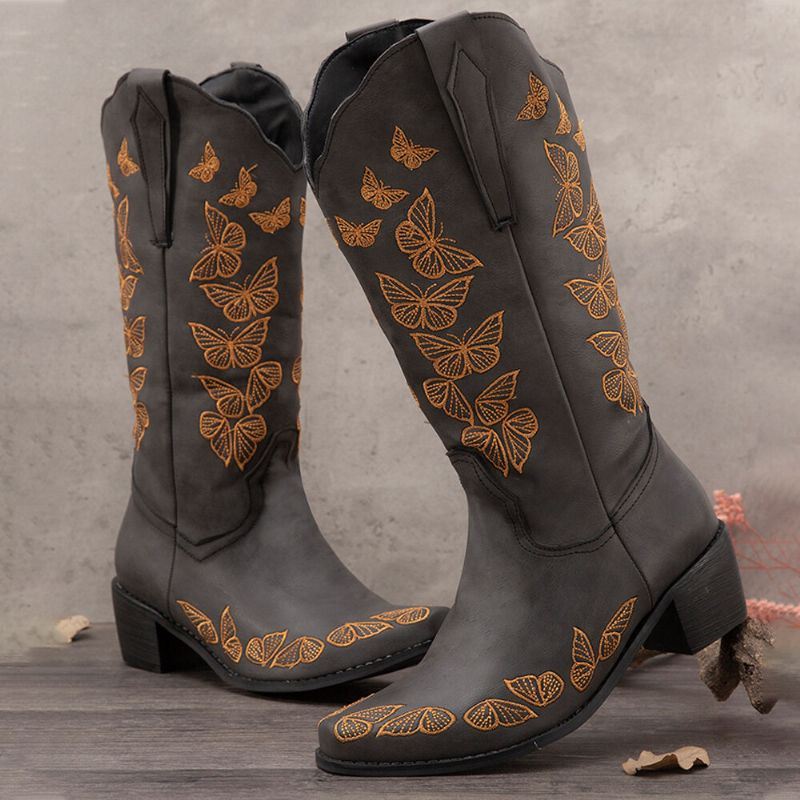 Dames Retro Vlinder Geborduurde Cowboylaarzen Met Halfhoge Taille