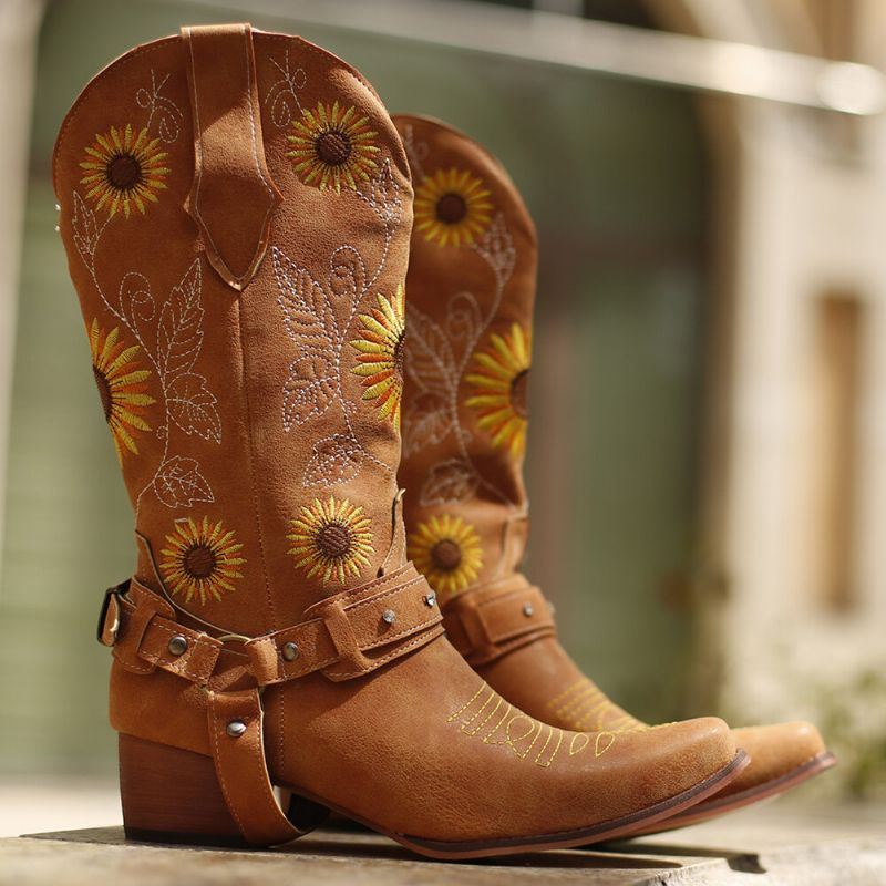 Dames Retro Zonnebloemen Patroon Puntschoen Chunky Hak Harnas Cowboylaarzen