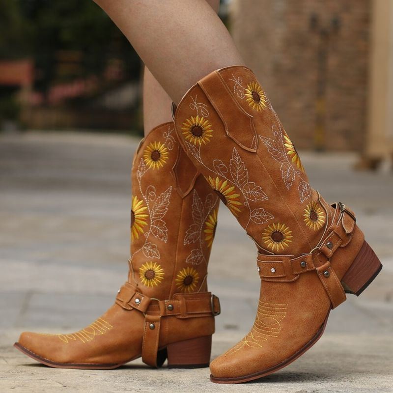 Dames Retro Zonnebloemen Patroon Puntschoen Chunky Hak Harnas Cowboylaarzen