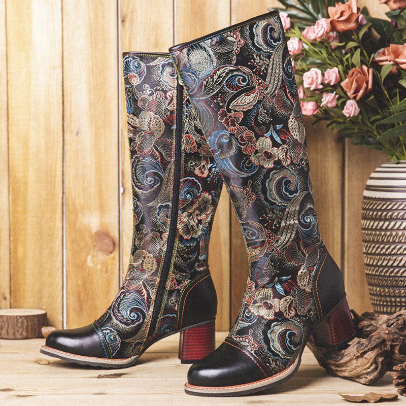 Dames Rundleder Met Bloemenprint En Warme Antislip Casaul Halfhoge Laarzen