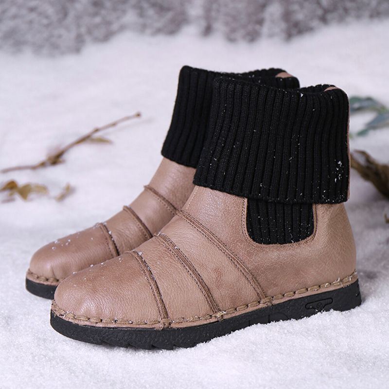 Dames Rundleder Stiksels Warme Voering Slip-on Platte Sneeuw Korte Laarzen