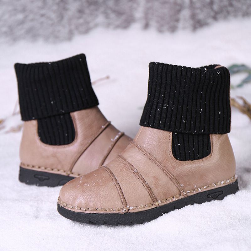 Dames Rundleder Stiksels Warme Voering Slip-on Platte Sneeuw Korte Laarzen