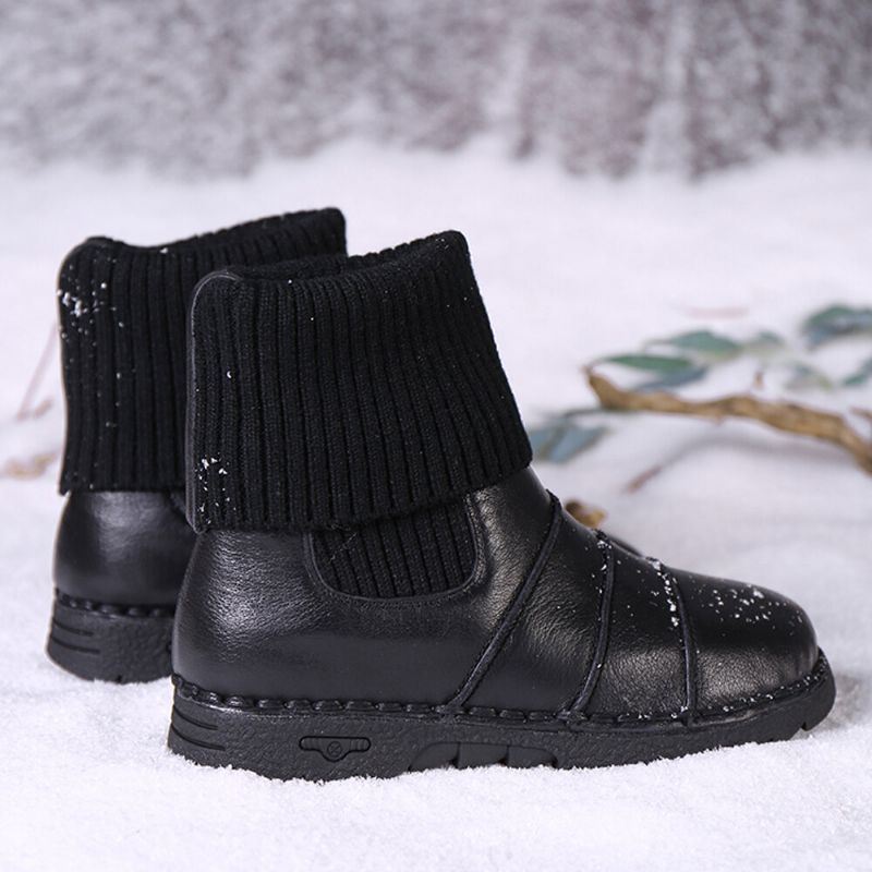 Dames Rundleder Stiksels Warme Voering Slip-on Platte Sneeuw Korte Laarzen