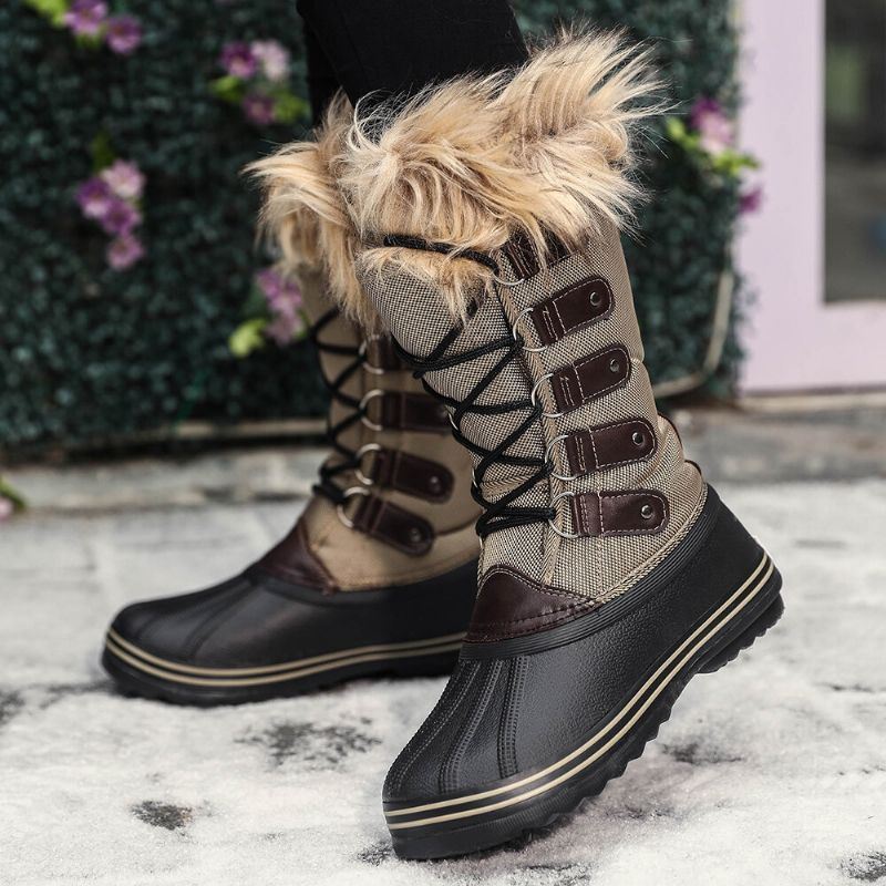 Dames Solid Furry Warm Antislip Cross Strap Mid Calf Snowboots