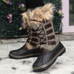 Dames Solid Furry Warm Antislip Cross Strap Mid Calf Snowboots