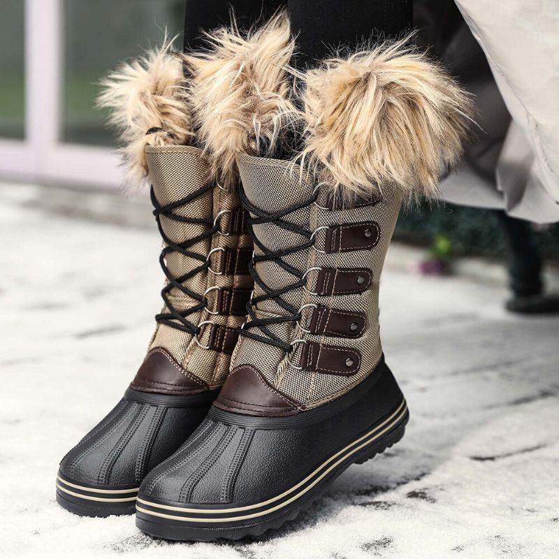 Dames Solid Furry Warm Antislip Cross Strap Mid Calf Snowboots