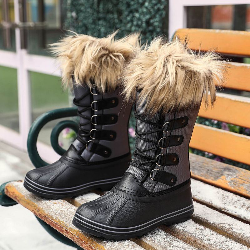 Dames Solid Furry Warm Antislip Cross Strap Mid Calf Snowboots