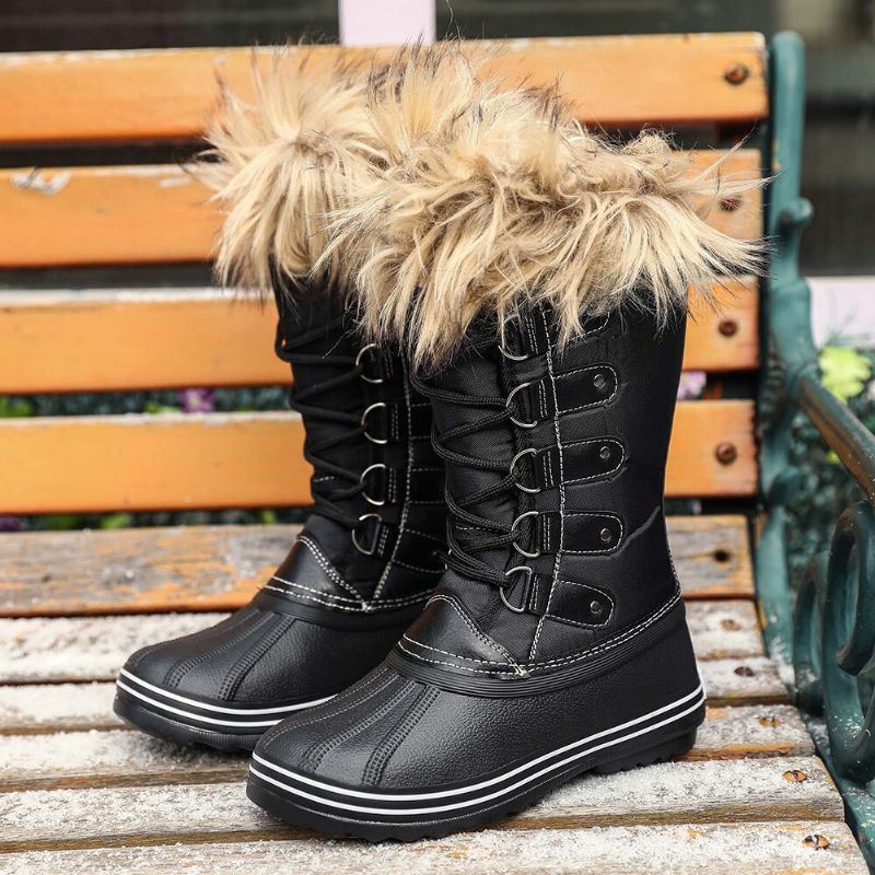 Dames Solid Furry Warm Antislip Cross Strap Mid Calf Snowboots