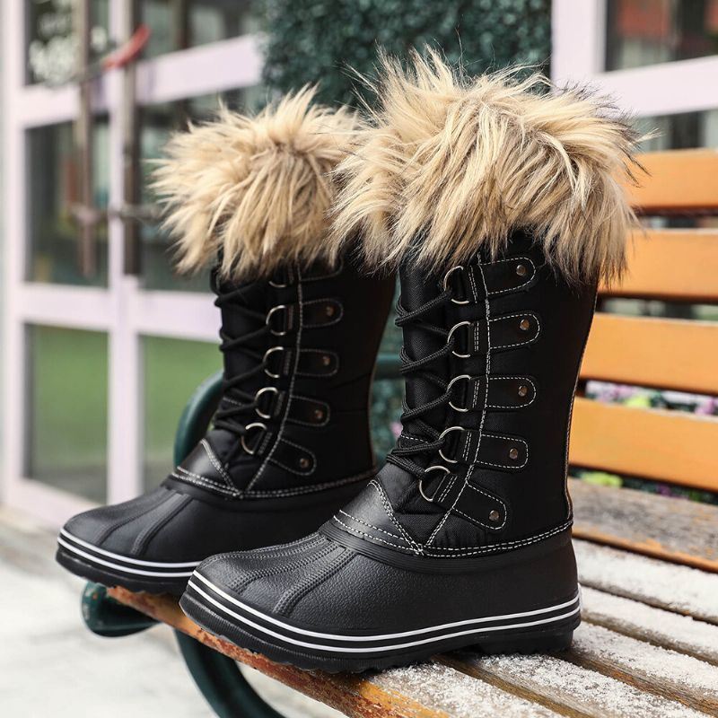 Dames Solid Furry Warm Antislip Cross Strap Mid Calf Snowboots