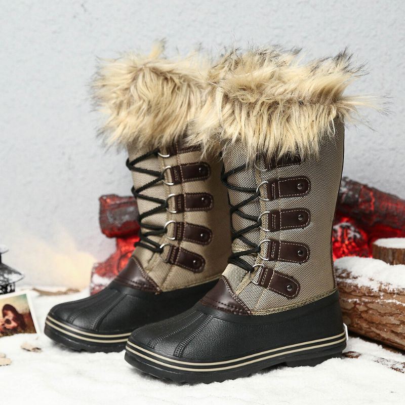 Dames Solid Furry Warm Antislip Cross Strap Mid Calf Snowboots