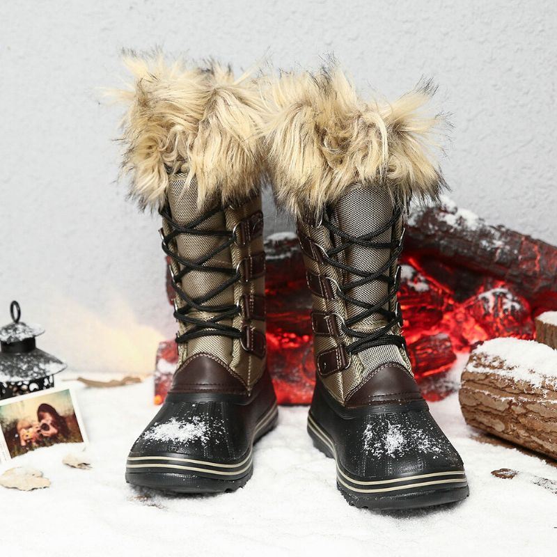 Dames Solid Furry Warm Antislip Cross Strap Mid Calf Snowboots