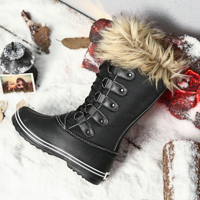 Dames Solid Furry Warm Antislip Cross Strap Mid Calf Snowboots