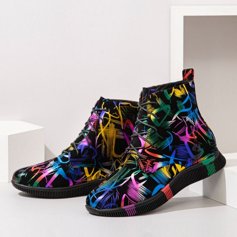 Dames Stytish Kleurrijke Graffiti Lace Up Korte Kalf Combat Boots