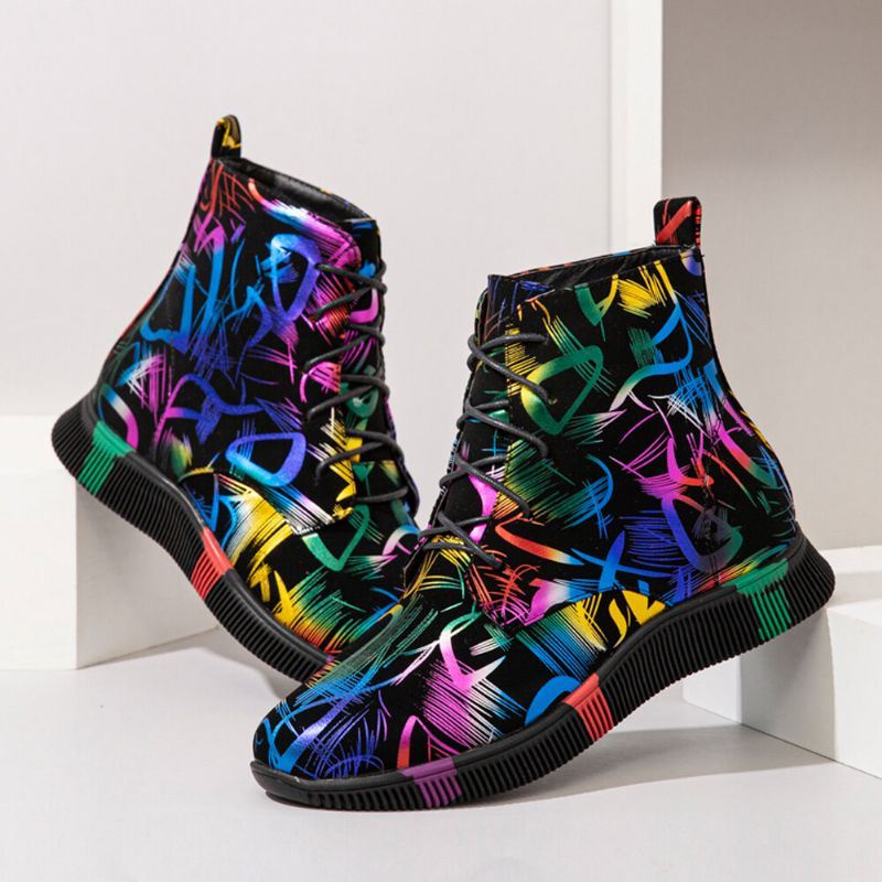 Dames Stytish Kleurrijke Graffiti Lace Up Korte Kalf Combat Boots