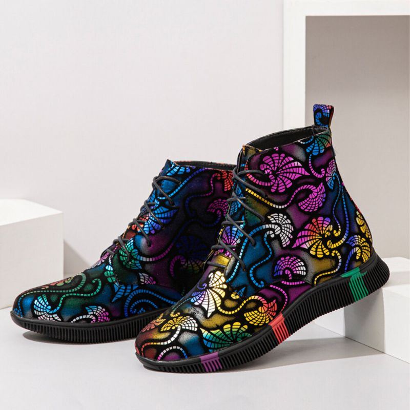 Dames Stytish Kleurrijke Graffiti Lace Up Korte Kalf Combat Boots