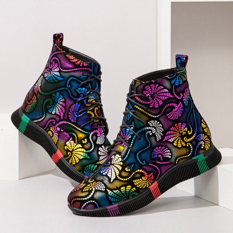 Dames Stytish Kleurrijke Graffiti Lace Up Korte Kalf Combat Boots