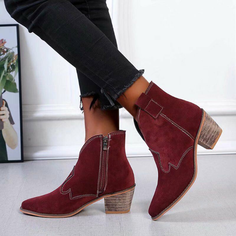 Dames Suede Puntige Teen V-cut Chunky Heel Enkellaarsjes