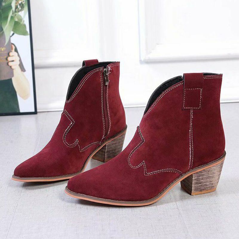 Dames Suede Puntige Teen V-cut Chunky Heel Enkellaarsjes