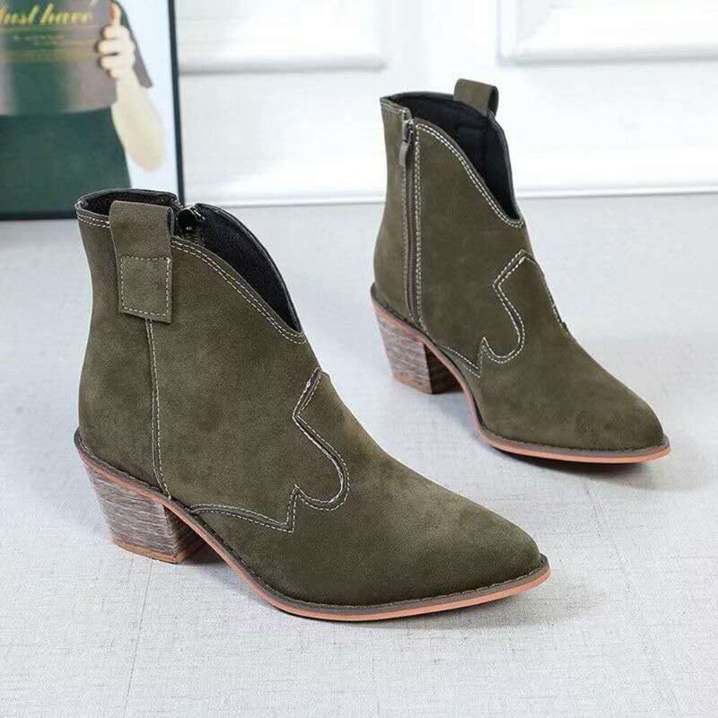 Dames Suede Puntige Teen V-cut Chunky Heel Enkellaarsjes