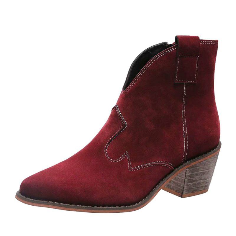 Dames Suede Puntige Teen V-cut Chunky Heel Enkellaarsjes