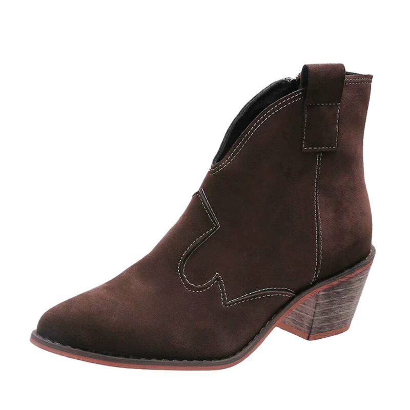 Dames Suede Puntige Teen V-cut Chunky Heel Enkellaarsjes