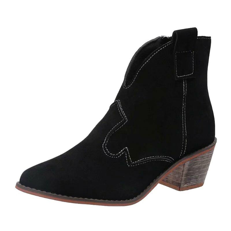 Dames Suede Puntige Teen V-cut Chunky Heel Enkellaarsjes