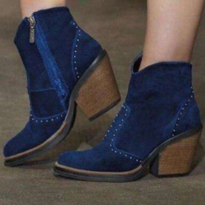 Dames Suede Rivet Side Zipper Chunky Heel Enkellaarsjes