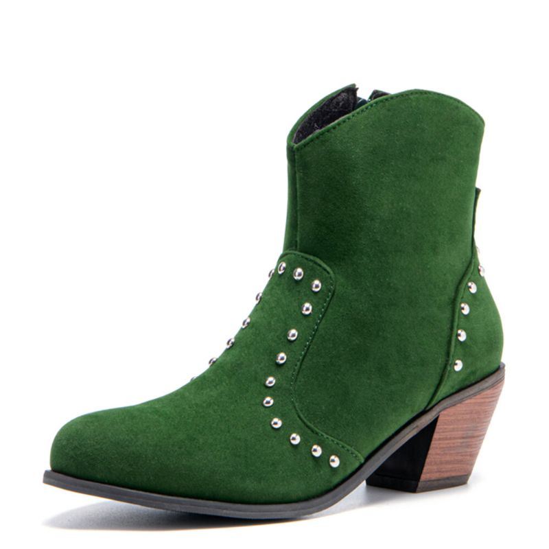 Dames Suede Rivet Side Zipper Chunky Heel Enkellaarsjes