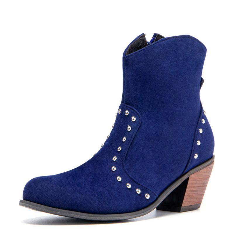 Dames Suede Rivet Side Zipper Chunky Heel Enkellaarsjes