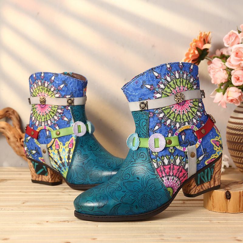 Dames Tribal Printing Splicing Blue Zipper Low Heel Rubber Short Boots