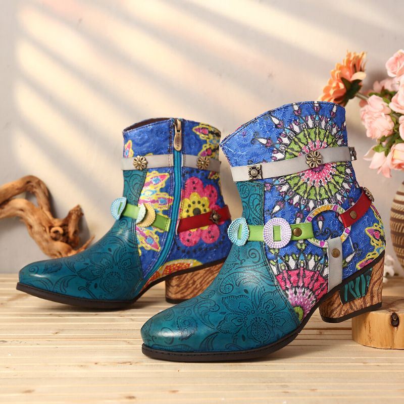 Dames Tribal Printing Splicing Blue Zipper Low Heel Rubber Short Boots