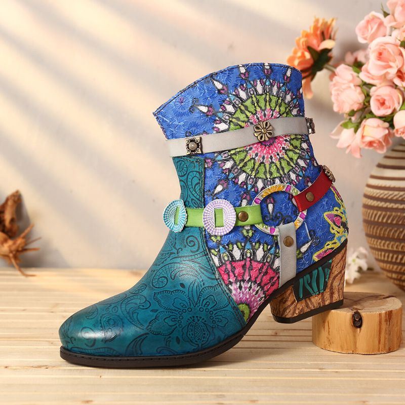 Dames Tribal Printing Splicing Blue Zipper Low Heel Rubber Short Boots