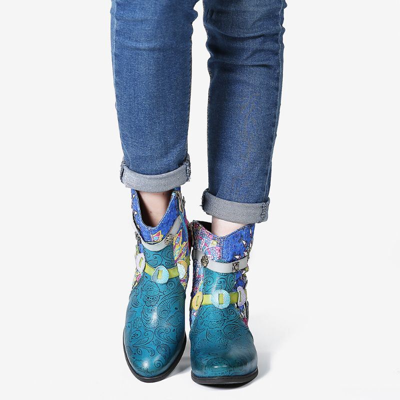 Dames Tribal Printing Splicing Blue Zipper Low Heel Rubber Short Boots