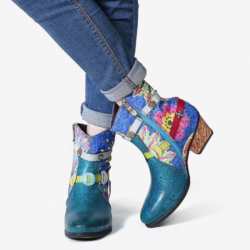 Dames Tribal Printing Splicing Blue Zipper Low Heel Rubber Short Boots